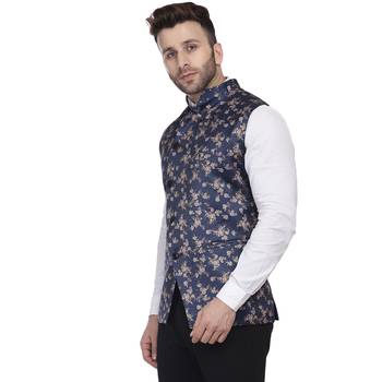 Blue Printed Satin Nehru Jacket 2