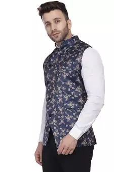 Blue Printed Satin Nehru Jacket