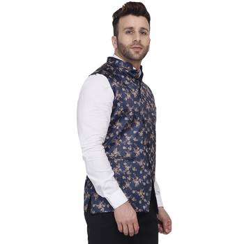 Blue Printed Satin Nehru Jacket 3