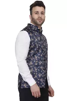 Blue Printed Satin Nehru Jacket