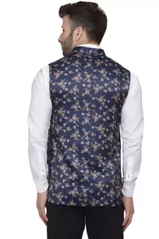 Blue Printed Satin Nehru Jacket