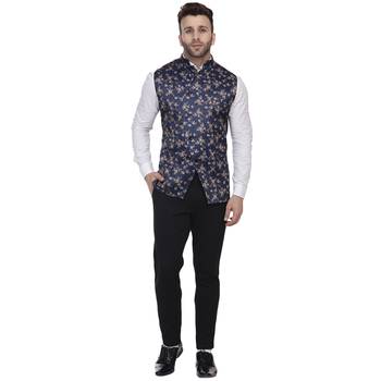 Blue Printed Satin Nehru Jacket 5