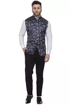 Blue Printed Satin Nehru Jacket