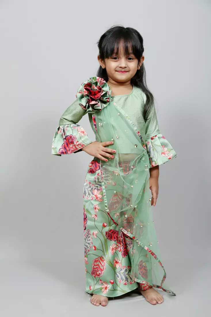 green top with attached net dupatta n floral green skirt