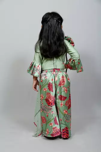 green top with attached net dupatta n floral green skirt