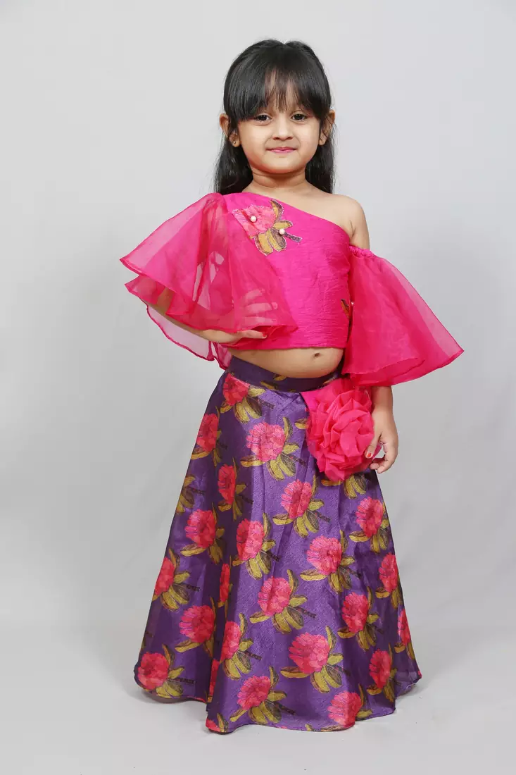 ruffled sleeves top with printed skirt