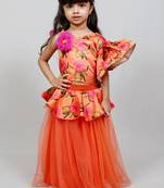 one shoulder frilled printed top with plain orrange net skirt