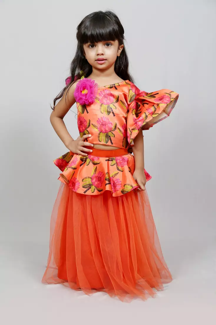 one shoulder frilled printed top with plain orrange net skirt