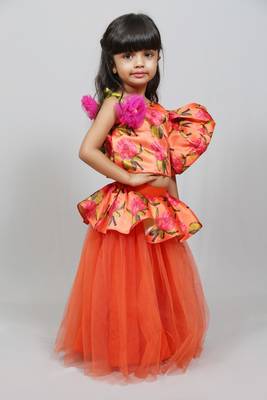 one shoulder frilled printed top with plain orrange net skirt 2