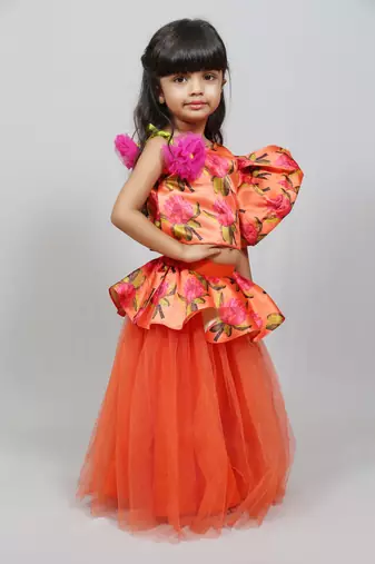 one shoulder frilled printed top with plain orrange net skirt