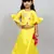three fourth sleeves yellow top and long skirt with flowers knot