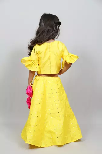 three fourth sleeves yellow top and long skirt with flowers knot