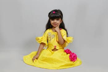 three fourth sleeves yellow top and long skirt with flowers knot 3