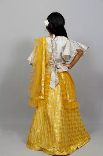 cold sleeves top with long skirt and frilly dupatta