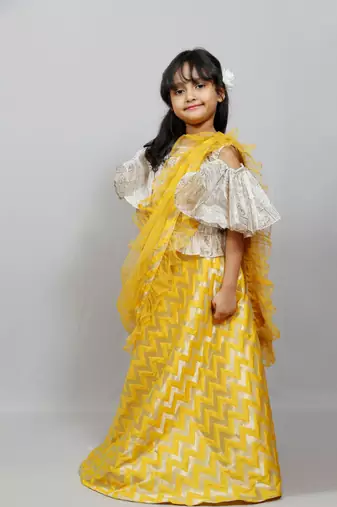 cold sleeves top with long skirt and frilly dupatta