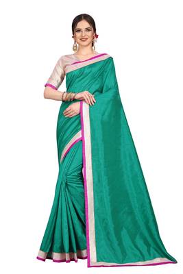 Green plain art silk saree with blouse 1