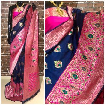 Blue and Pink Color Banarasi Silk Saree 1