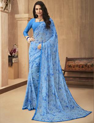 Blue printed georgette saree with blouse 1
