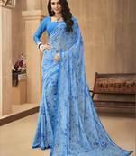 Blue printed georgette saree with blouse
