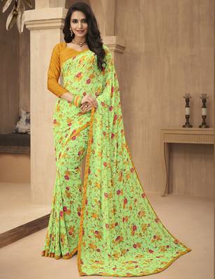 Green printed georgette saree with blouse 1