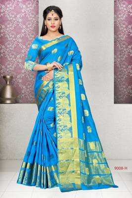 Blue woven cotton silk saree with blouse 1