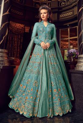 Sky-blue embroidered net anarkali suit  1