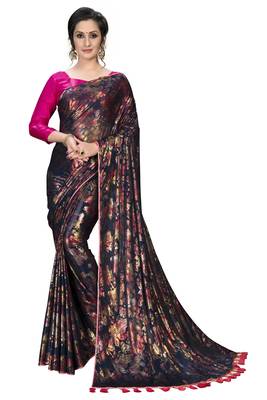 Blue plain silk saree with blouse 1