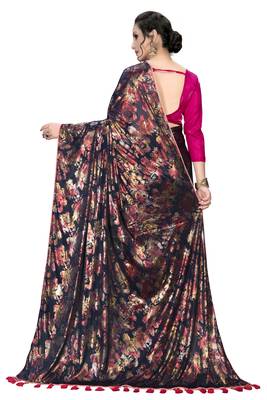 Blue plain silk saree with blouse 5