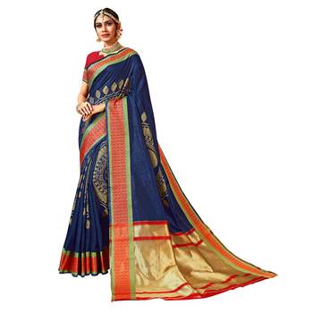 Blue woven art silk saree with blouse 1