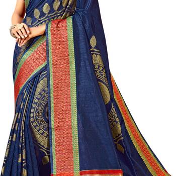 Blue woven art silk saree with blouse 4