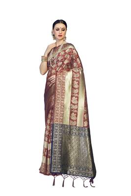Maroon woven faux banarasi silk saree with blouse 1