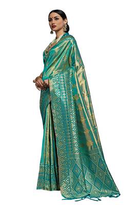 Teal woven faux kanjivaram silk saree with blouse 1
