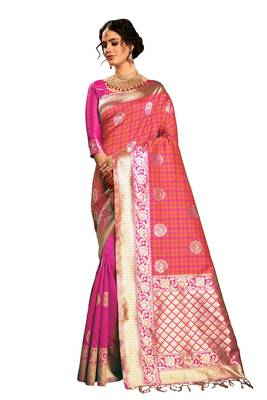 Orange woven faux banarasi silk saree with blouse 1