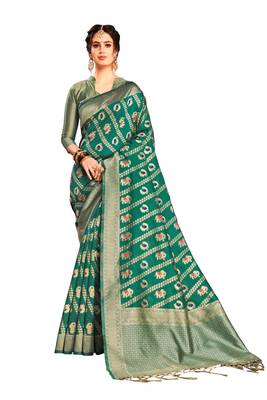 Green woven faux banarasi silk saree with blouse 1