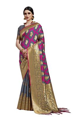 Grey woven faux banarasi silk saree with blouse 1