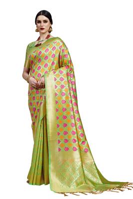 Lime woven faux banarasi silk saree with blouse 1