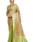 Lime woven faux banarasi silk saree with blouse