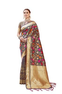 Grey woven faux banarasi silk saree with blouse 1