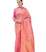 Pink woven faux banarasi silk saree with blouse