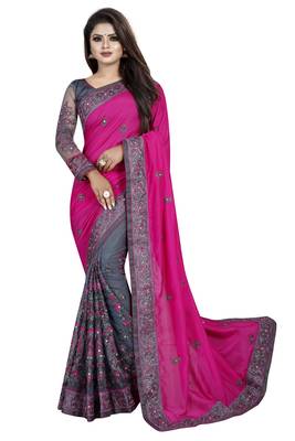 Pink and Net Embriodered  saree with Blouse Piece. 1