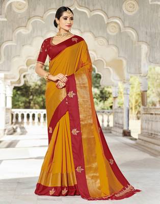 Mustard embroidered silk saree with blouse 1