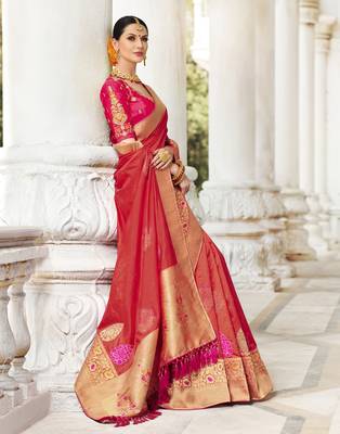 Orange embroidered silk saree with blouse 1