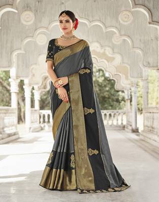 Grey embroidered silk saree with blouse 1