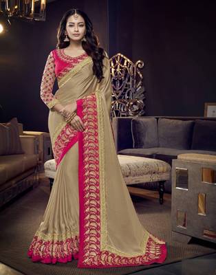 Beige embroidered silk saree with blouse 1