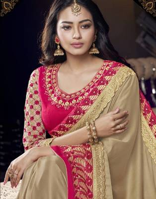 Beige embroidered silk saree with blouse 2