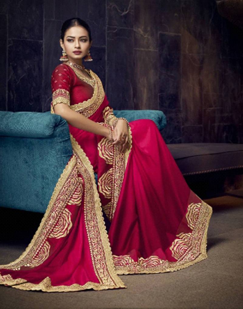 Women's Silk Blend Pink Embroidered Designer Saree With Blouse Piece