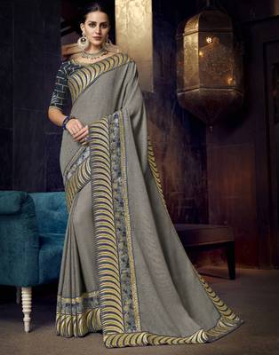 Grey embroidered silk saree with blouse 1
