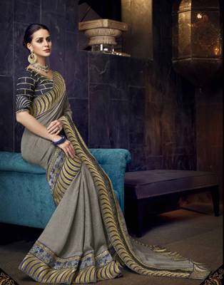 Grey embroidered silk saree with blouse 2