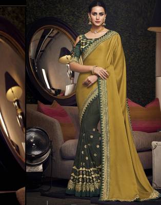 Green embroidered silk saree with blouse 1