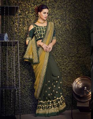 Green embroidered silk saree with blouse 3
